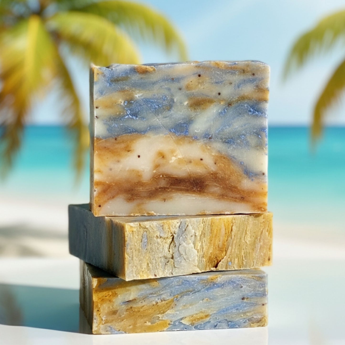 Handcrafted soap bar with swirls of ocean blue, sunny yellow, and coral pink, inspired by the lush, fruity scent of tropical citrus and island florals. Bright, breezy, and vacation-ready.