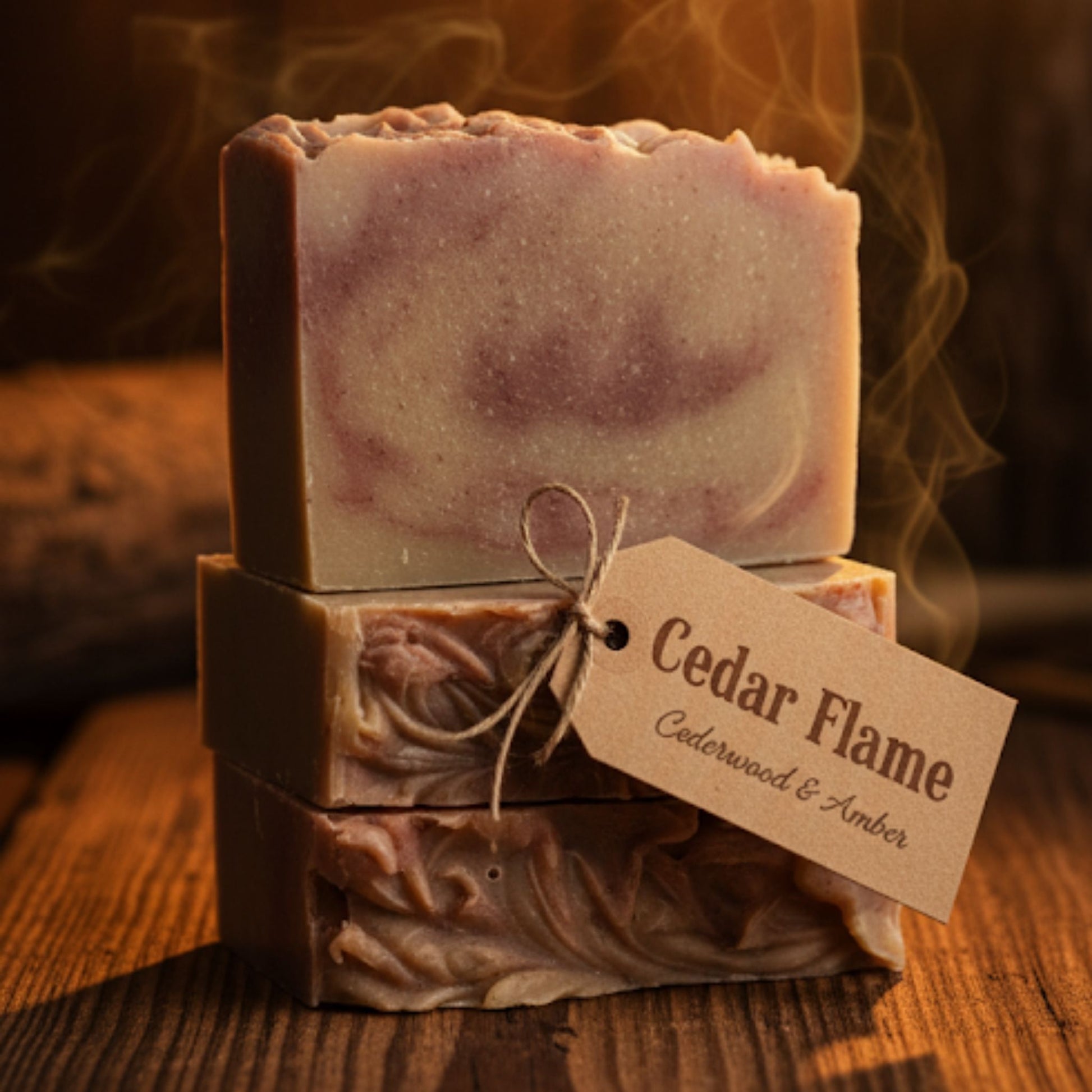 Handcrafted soap bar with smoky charcoal gray and bronze swirl design, inspired by cedar wood and amber scent. Rich, masculine, and earthy.