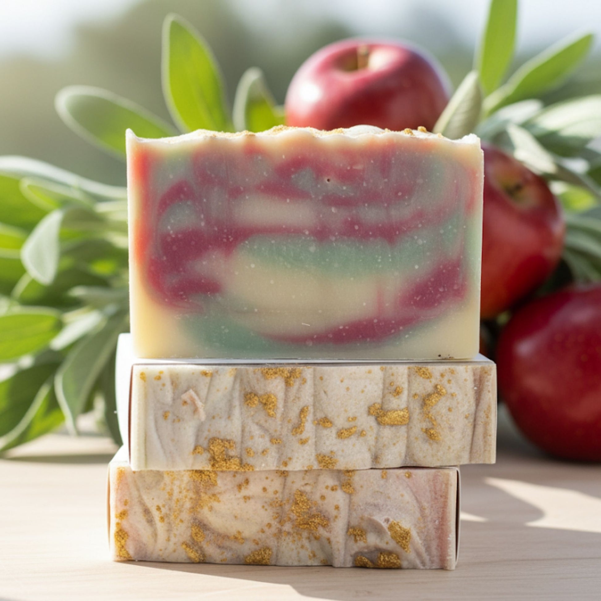 Handcrafted soap bar with vibrant swirls of red, green, and white, inspired by the fresh, crisp scent of apple and sage. Bright, herbal, and beautifully refreshing.