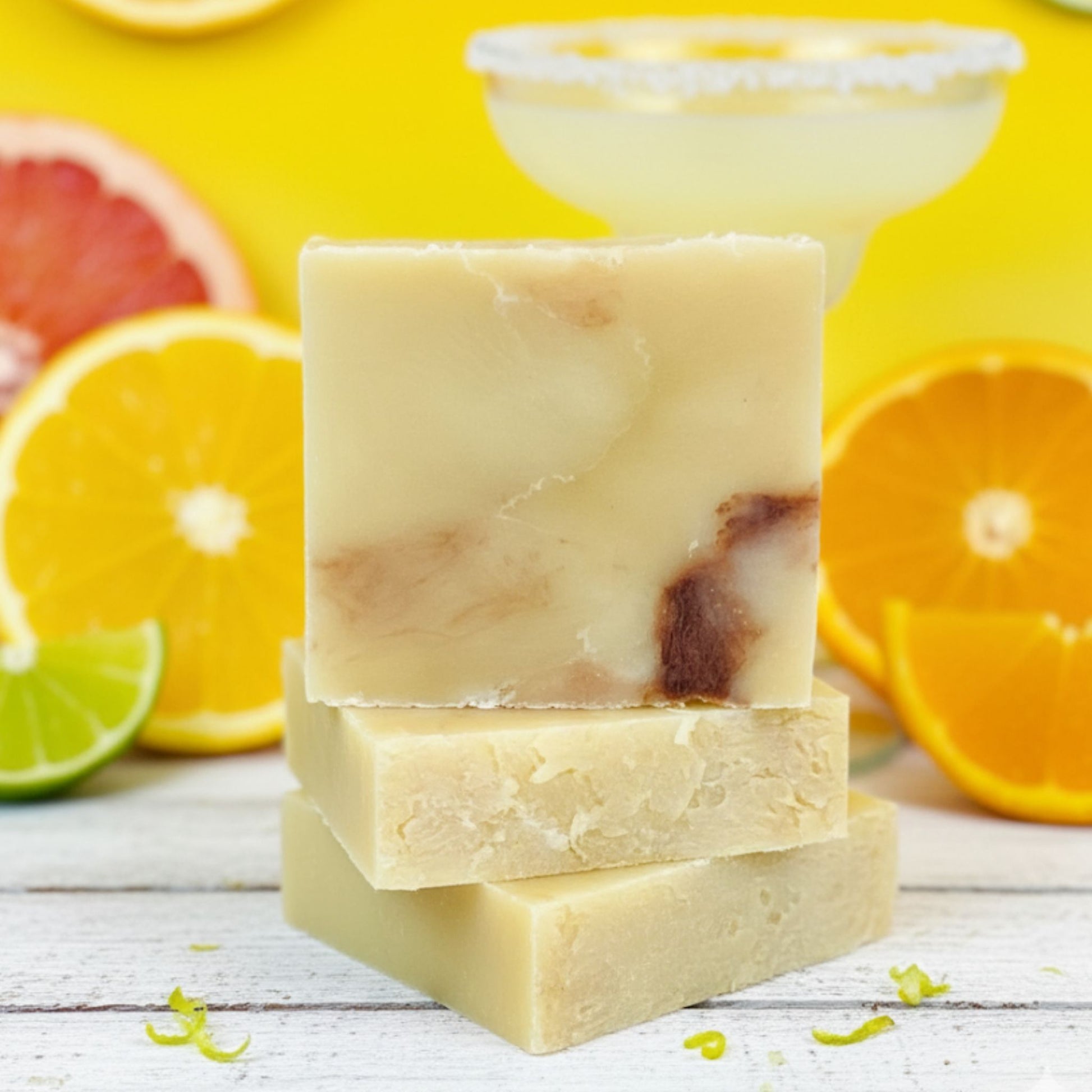 Handcrafted soap bar with vibrant pink, coral, and citrusy yellow swirls, inspired by the refreshing scent of grapefruit and lime. Fresh, fruity, and irresistibly tangy.